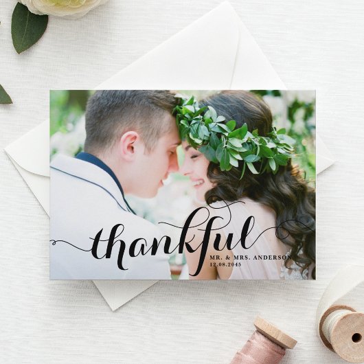 Black Thankful Calligraphy Foto Wedding Danke Postkarte