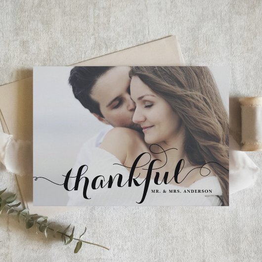Black Thankful Modern Calligraphy Foto Wedding Dankeskarte