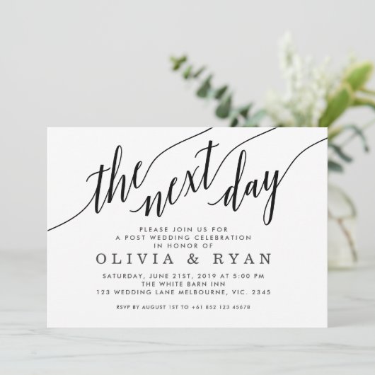 Black The Next Day Hochzeitsfeier Einladung (Stehend Vorderseite)