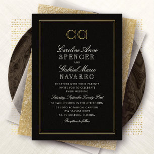 Black Tie Luxus Monogram Hochzeit Folieneinladung