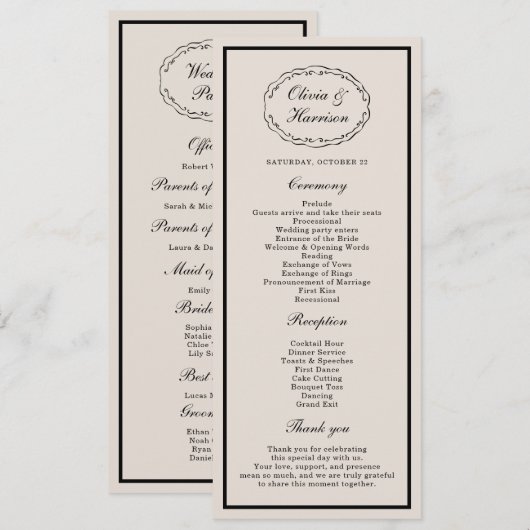 Black Tie Wedding Classic Program Card Einladung (Vorne/Hinten)
