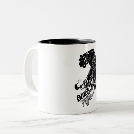 Black Tiger Vector Art mit schwarzem Tiger Text Zweifarbige Tasse (Vorderseite Links)