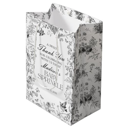 Black Toile De Jouy Baby Sprinkle Favors Mittlere Geschenktüte (Vorderseite Schrägansicht)