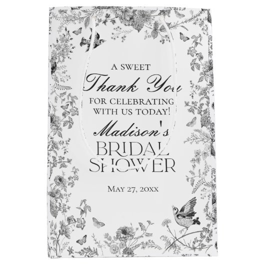 Black Toile De Jouy Bridal Shower Favors Mittlere Geschenktüte (Vorderseite)