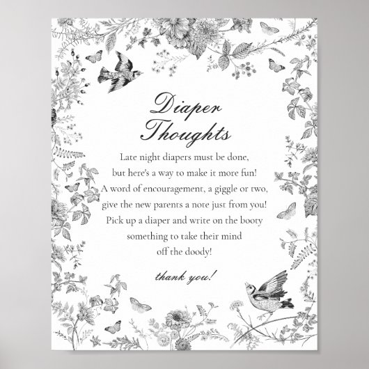Black Toile De Jouy Diaper Thoughts Baby Shower Poster (Vorne)