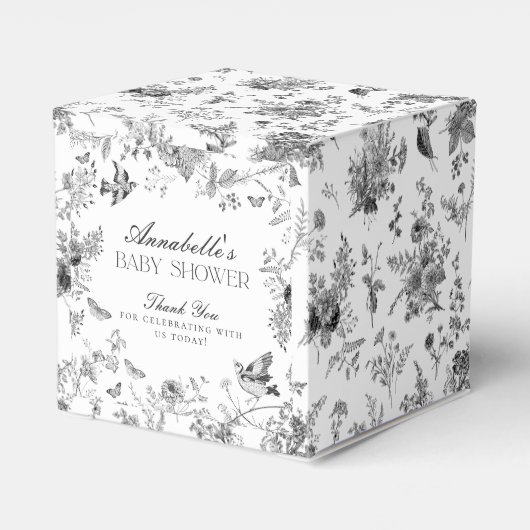 Black Toile De Jouy Floral Baby Shower Favor Boxes Geschenkschachtel (Rückseite)