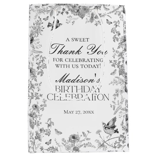 Black Toile De Jouy Floral Birthday Party Favors Mittlere Geschenktüte (Vorderseite)