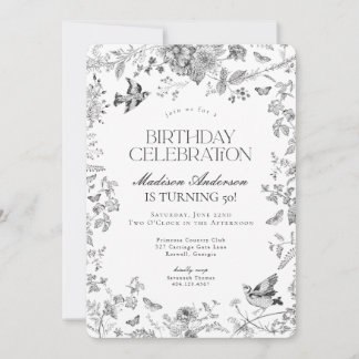 Black Toile De Jouy French Floral Geburtstagsparty Einladung