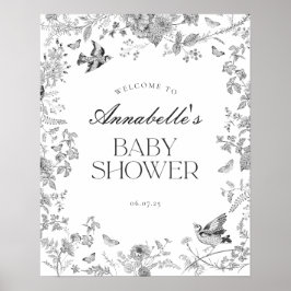Black Toile Jouy Floral Baby Shower Welcome Sign Poster