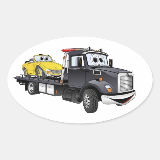 Black Tow Truck Flatbed Cartoon Ovaler Aufkleber (Vorderseite)