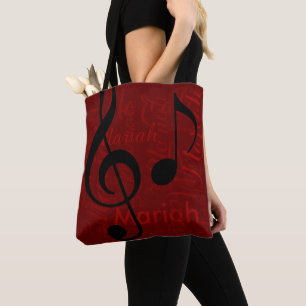 Black Treble Clef Music Monogram mit dem Namen rot Tasche