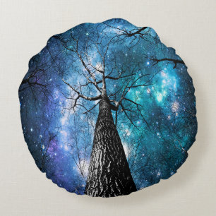 Black Trees Blue Space Round Pillow Rundes Kissen