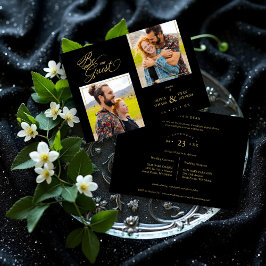 Black Trendy 2 Photos Fake Golden Einladung