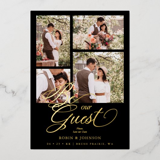 Black Trendy Collage 4 Photos Luxury Script Folieneinladung (Vorderseite)