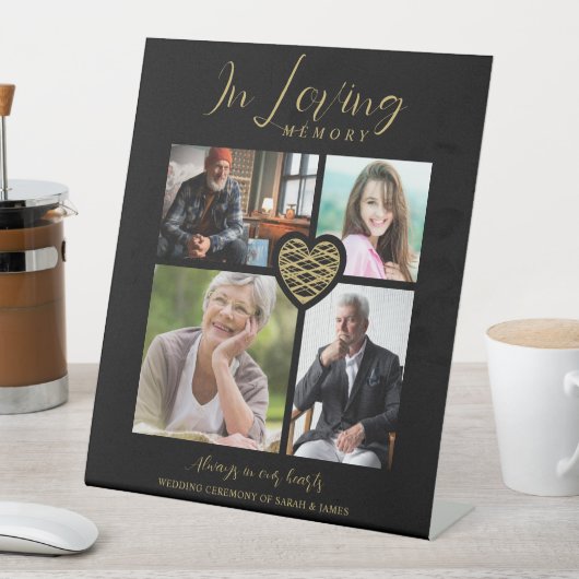 Black Trendy Collage 4 Photos Modern Heart Wedding Sockelschild (In Situ)