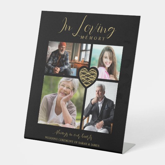 Black Trendy Collage 4 Photos Modern Heart Wedding Sockelschild (Vorderseite)