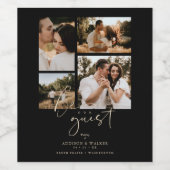 Black Trendy Collage Wedding 4 Photos Weinetikett (Einzelnes Label)