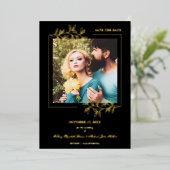 Black Trendy Modern Branches Gold Effect Photo Folieneinladung (Stehend vorne)