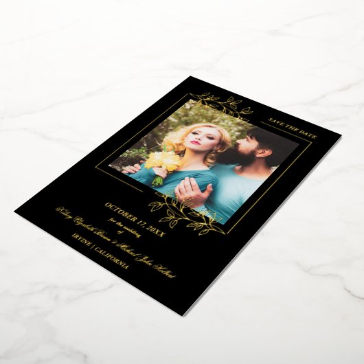 Black Trendy Modern Branches Gold Effect Photo Folieneinladung (Gedreht)