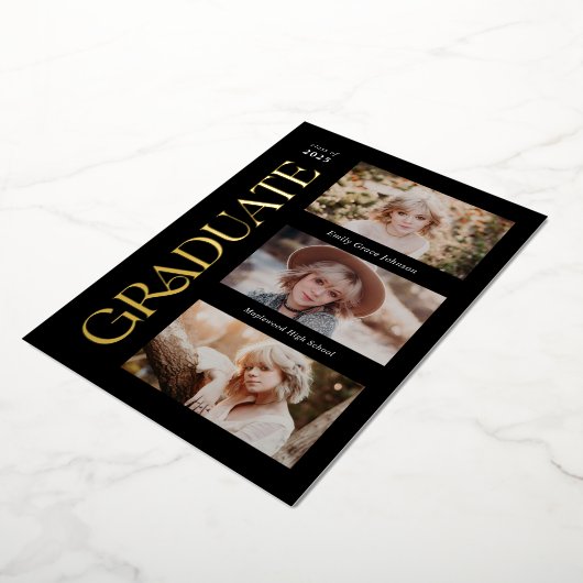 Black Trendy Serif Abschluss mit mehreren Fotos Folieneinladung (Gedreht)