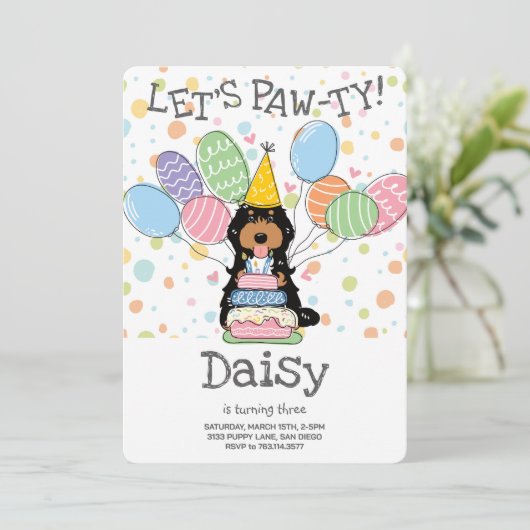 Black Tri Cockapoo Cavapoo Dog Birthday Party Einladung (Stehend Vorderseite)
