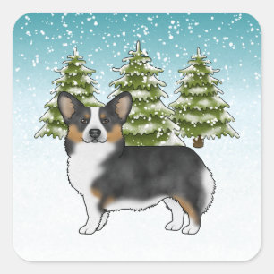 Black Tri Pembroke Corgi Winter Forest Weihnachten Quadratischer Aufkleber