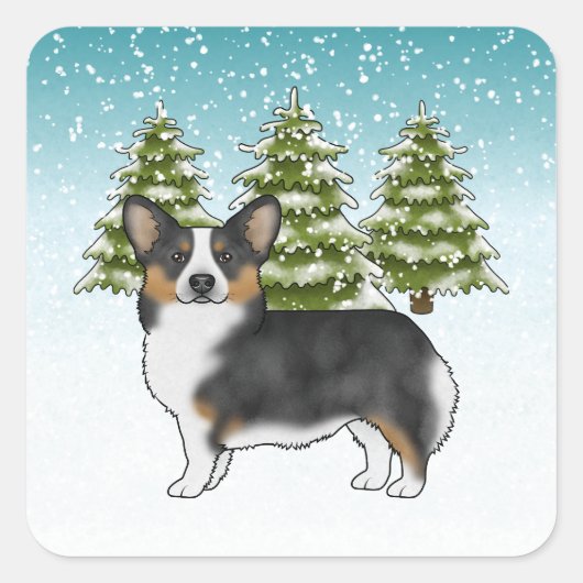 Black Tri Pembroke Corgi Winter Forest Weihnachten Quadratischer Aufkleber (Vorderseite)