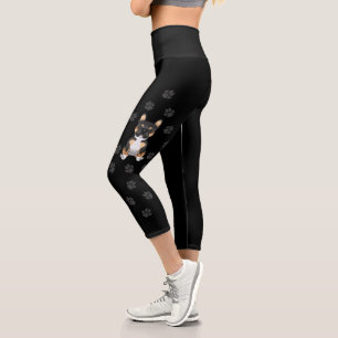 Black Tricolor French Bulldog Frenchie Dog & Paws Capri Leggings