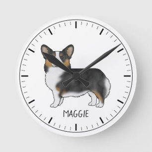 Black Tricolor Pembroke Walisisch Corgi und Name Runde Wanduhr