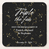 Black Triple the Fun Friends Joint Birthday Rechteckiger Pappuntersetzer (Vorderseite)