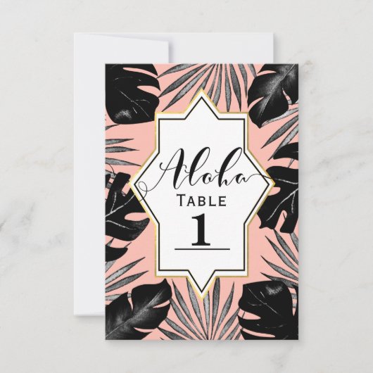 Black Tropical Blätter & Coral Gold Tischnummer (Vorderseite)