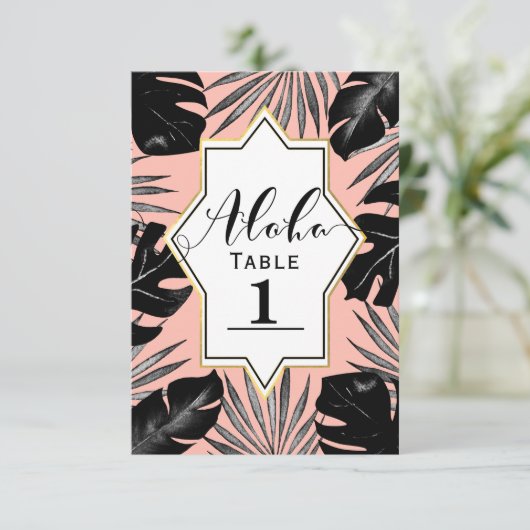Black Tropical Blätter & Coral Gold Tischnummer (Stehend Vorderseite)