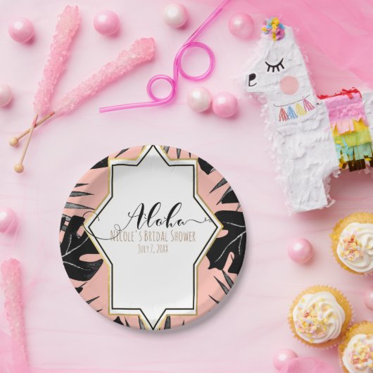 Black Tropical Blätter & Coral Peach Gold Hochzeit Pappteller (Party)