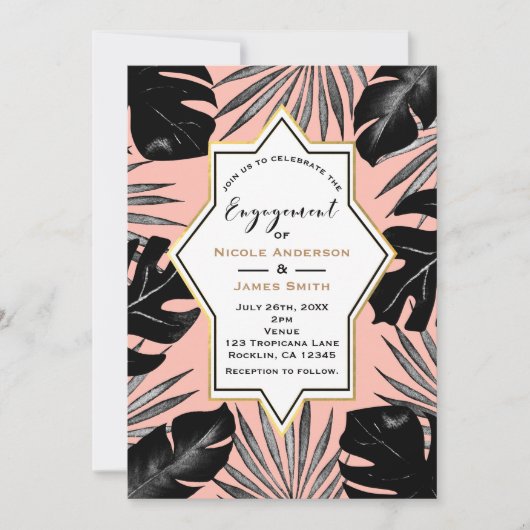 Black Tropical Blätter Coral Peach Gold Verlobung Einladung (Vorderseite)