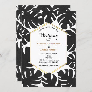 Black Tropical Blätter White & Gold Chic Wedding Einladung