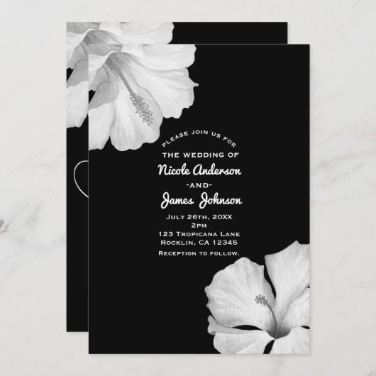 Black Tropical Wedding Einladungen von White Hibis (Vorne/Hinten)