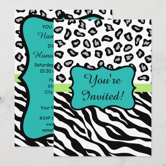 Black Turquoise Zebra Leopard Skin Einladung (Vorne/Hinten)