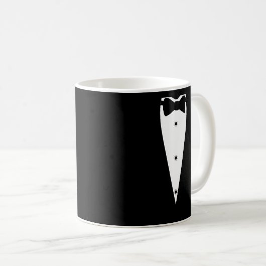 Black Tuxedo Anzug Jacket mit Lapel Bow-Krawatte Kaffeetasse (VorderseiteRechts)