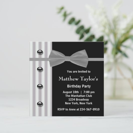 Black Tuxedo Bow Krawatte Mens Birthday Party Einladung (Stehend Vorderseite)