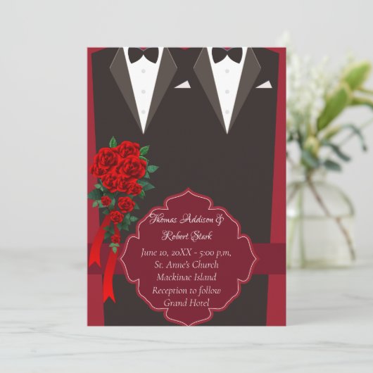 Black Tuxedo Gay Wedding Einladung (Stehend Vorderseite)