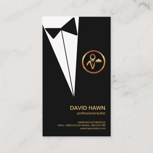 Black Tuxedo Gold Boutonniere Butlers Logo Visitenkarte (Vorderseite)