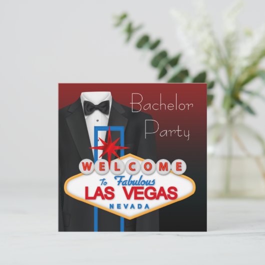 Black Tuxedo Las Vegas Bachelor Party Einladung (Stehend Vorderseite)