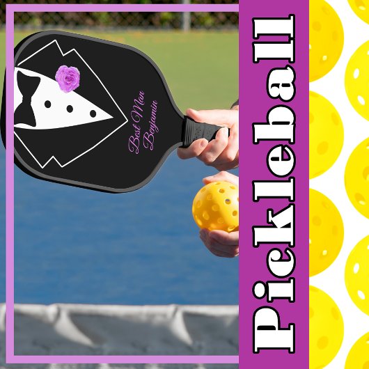 Black Tuxedo mit Lavender Blume Personalisiert Pickleball Schläger