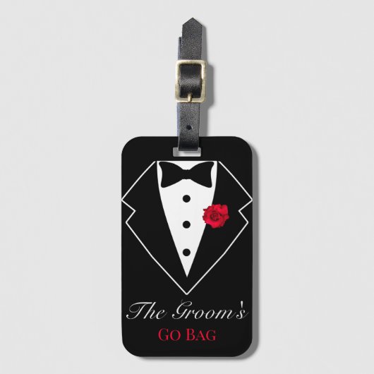 Black Tuxedo mit Rote Rose Flitterwochen individue Gepäckanhänger (Vorderseite Vertikal)