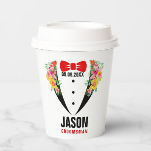 Black Tuxedo Red BowTie & Trauzeuge Texto Papier C Pappbecher