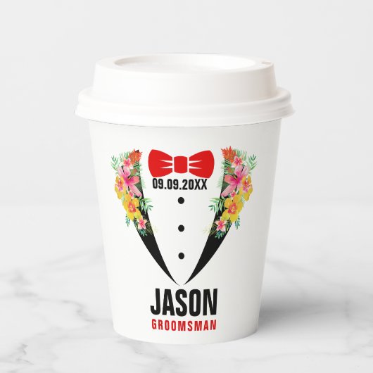 Black Tuxedo Red BowTie & Trauzeuge Texto Papier C Pappbecher (Vorderseite)