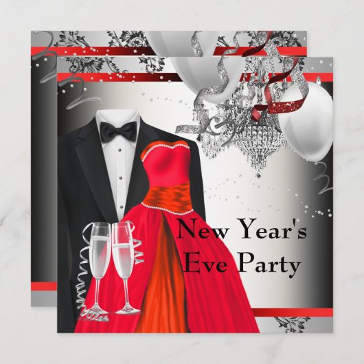 Black Tuxedo Red Dress Party Einladung (Vorne/Hinten)