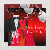 Black Tuxedo Red Dress Silvester Party Einladung (Vorne/Hinten)