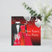Black Tuxedo Red Dress Silvester Party Einladung (Stehend Vorderseite)