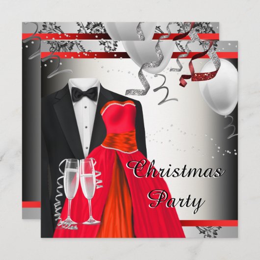 Black Tuxedo Red Dress Weihnachtsfest Party Einladung (Vorne/Hinten)